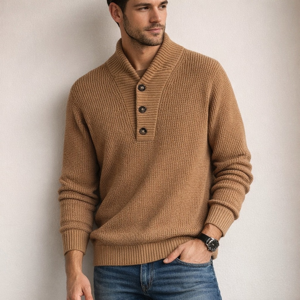 Lunya Lahgo Men’s Waffle Knit Henley Button Up Sweater in Tan